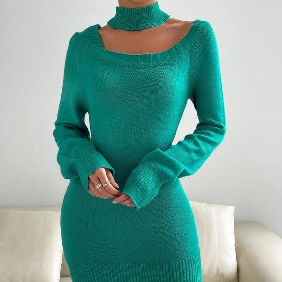 GREEN COLLAR NECK RIBBED KNIT SWEATER DRESS - Picture 2 of 6